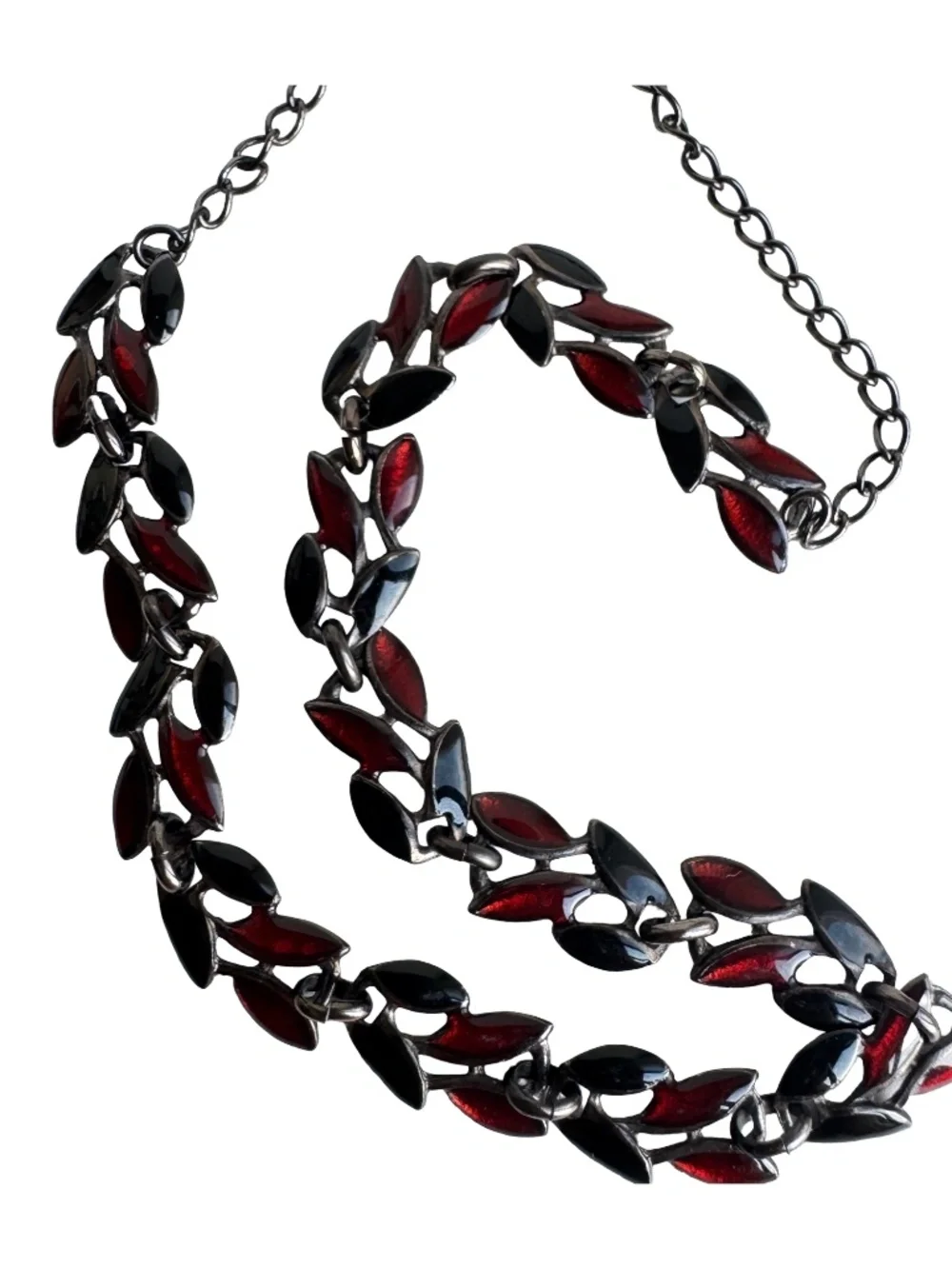 Vintage Red Black Enamel Leaf Necklace Gunmetal Tone Collar Botanical Statement